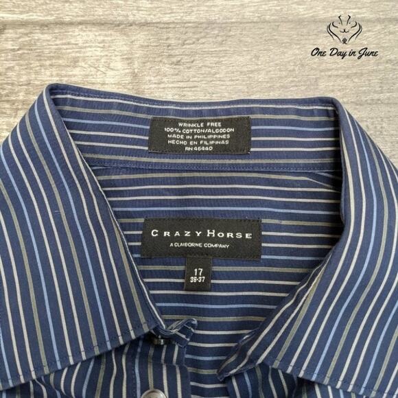 Crazy Horse Stiped Button Down Dress Shirt 100% Cotton Size 17 (36-37) - Picture 2 of 3